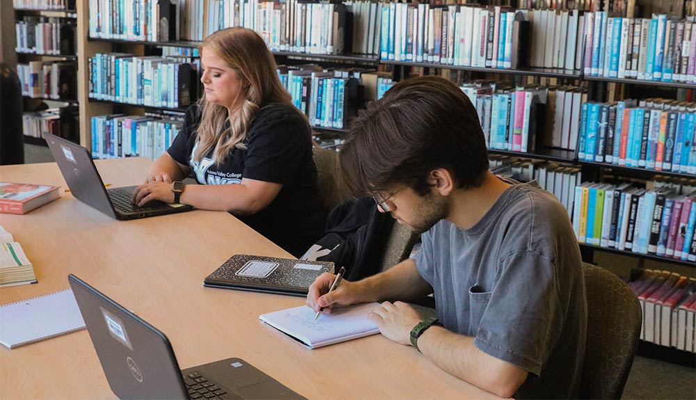 Two students study at table