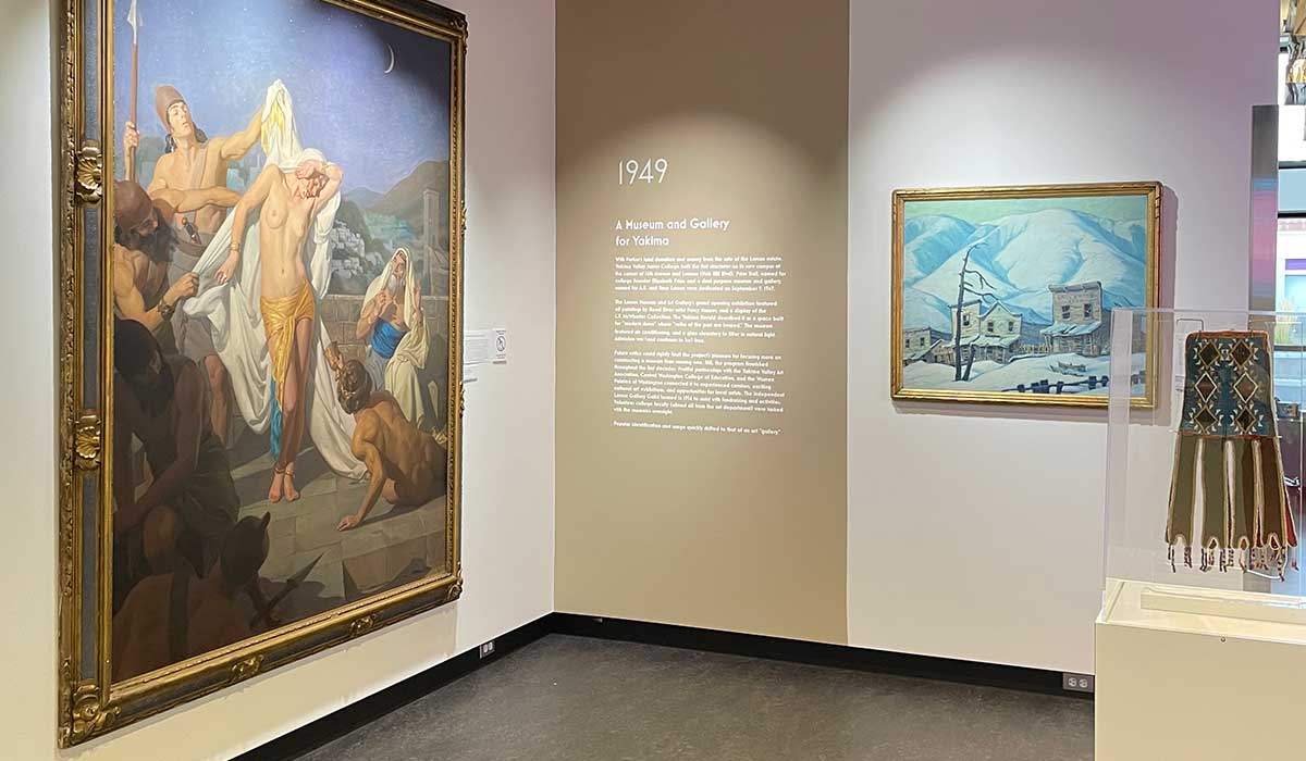 From left, “The Dream of the Schulamite” by R.H. Ives Gammell and “Ghost City” by Percy Manser, on loan from Maryhill Museum of Art; and a c. 1850 “Octopus Bag” on loan from Yakima Valley Museum. All three were displayed in exhibitions during Larson Gallery’s first season in 1949.