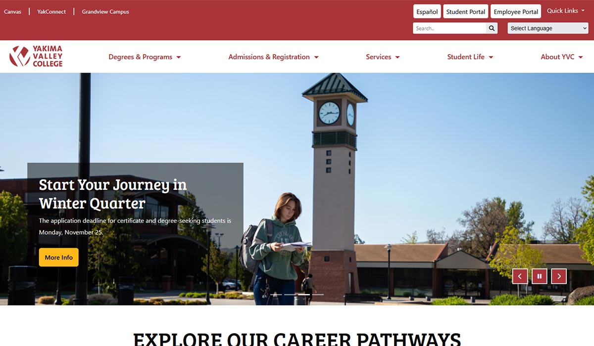 Yakima Valley College website homepage