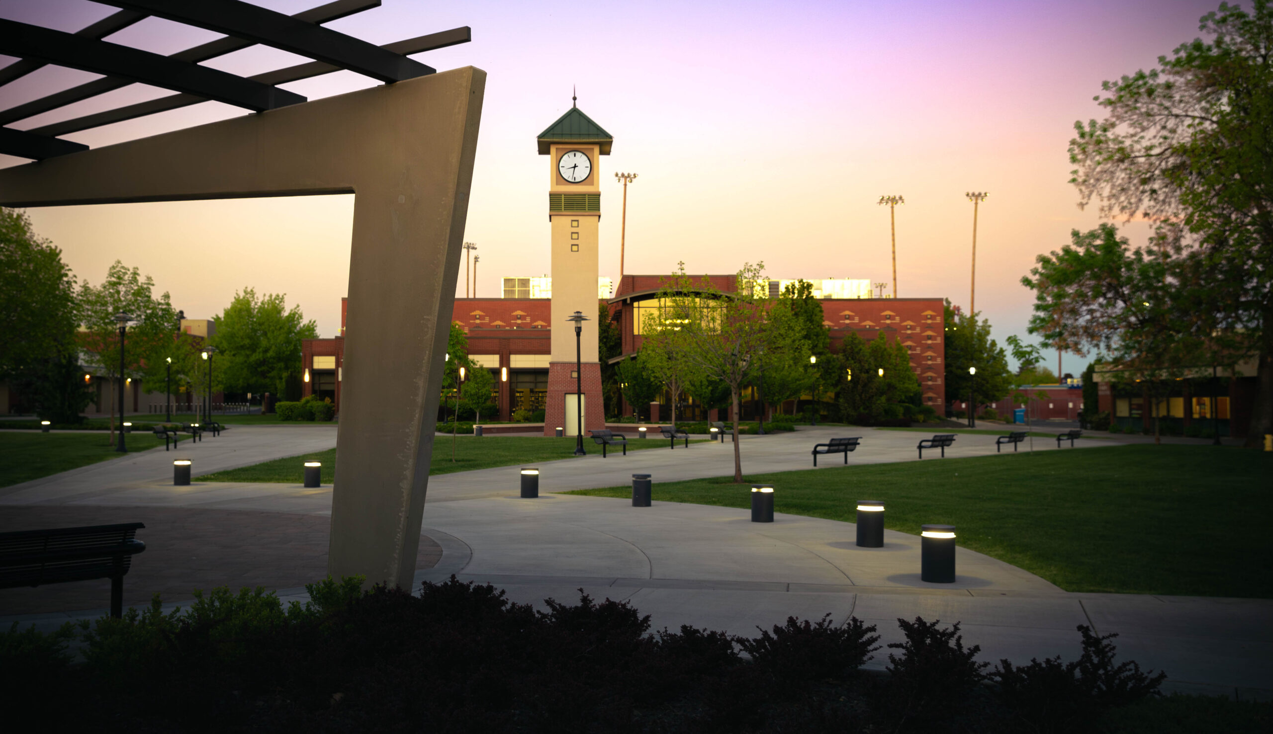 YVC clocktower under an early spring sunset.