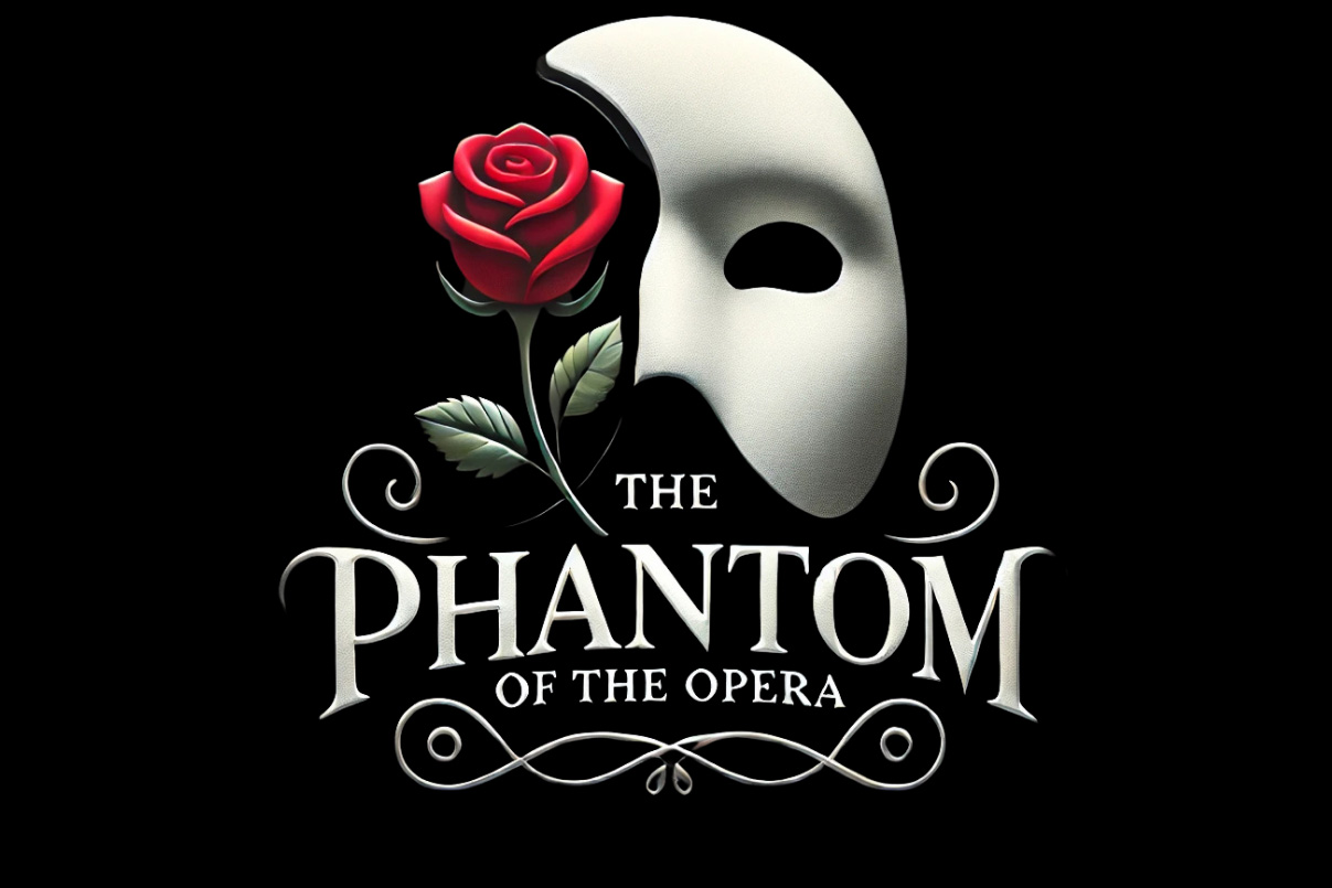 Phantom of the opera audition flyer graphic with rose and mask